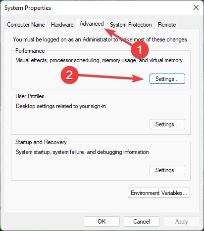 File Explorer Errors Advanced Performance Settings
