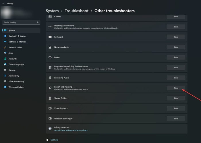 File Explorer Errors Indexing Troubleshooter