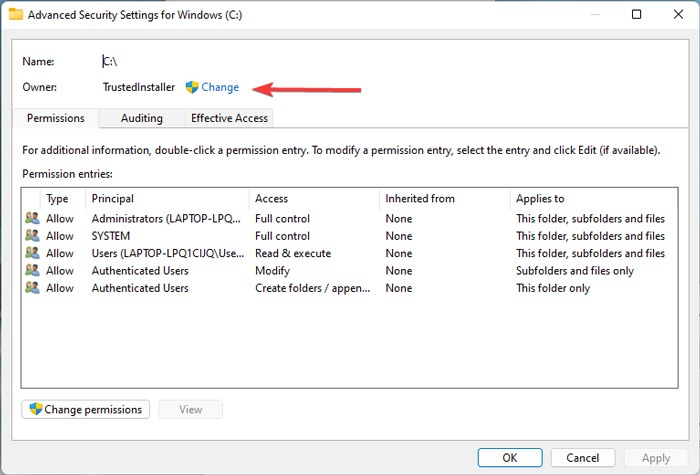 File Explorer Errors Owner Change Option