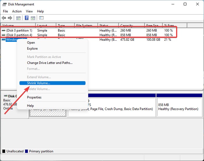 File Explorer Errors Shrinking Volume