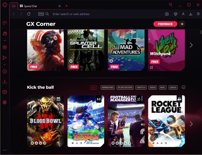 Opera GX browser window showing GX Corner