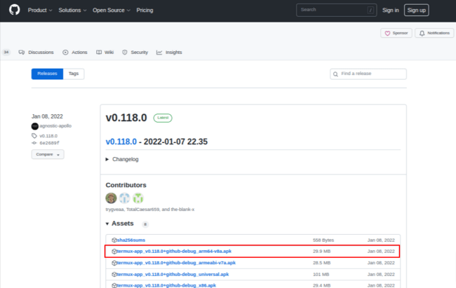 Dowabloading Termux app from Github