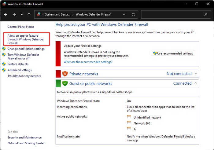 Network Click on Allow an app or feature through Windows Defender Firewall