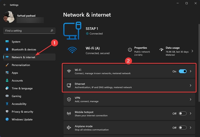 Network Go To Ethernet Option In Network & Internet Menu