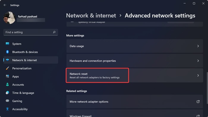 Network Select Network Reset