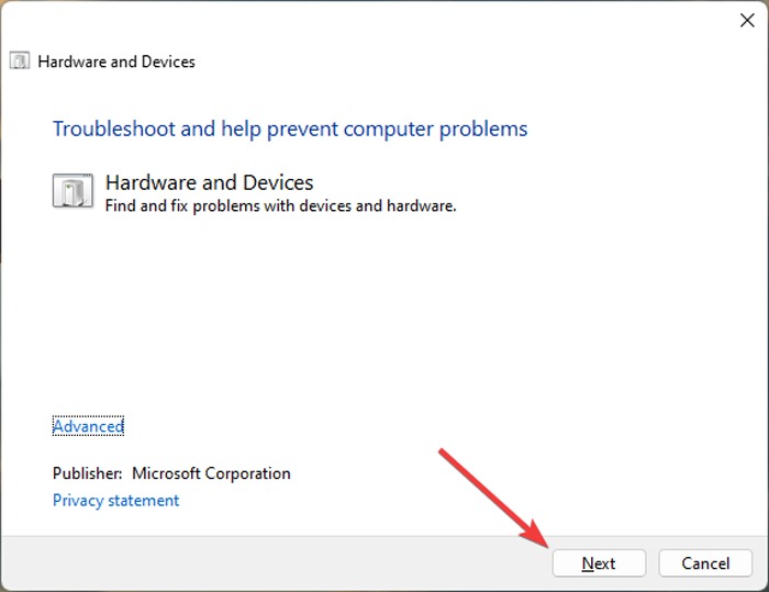 Scanner - Click Next on Hardware Troubelshooter to fix scanner not working issue 