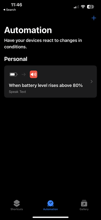 Shortcuts App Automations Section