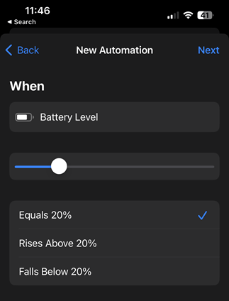 Shortcuts Choose Battery Level At 20