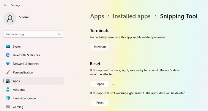 Snipping Tool Not Working App Repairing Checkmark