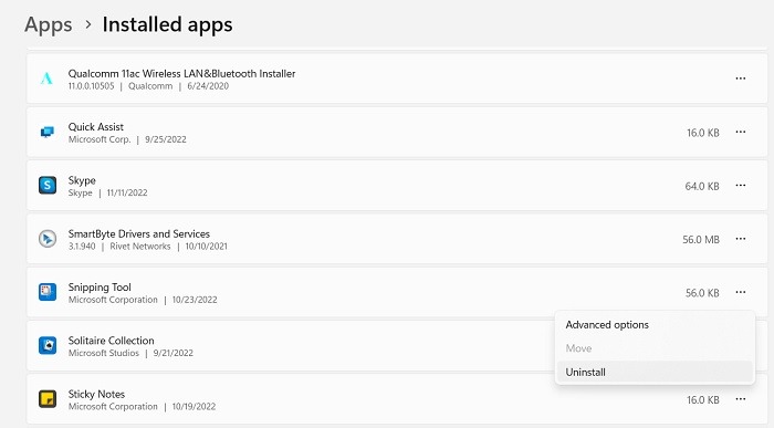 Snipping Tool Not Working Installed Apps Select Uninstall