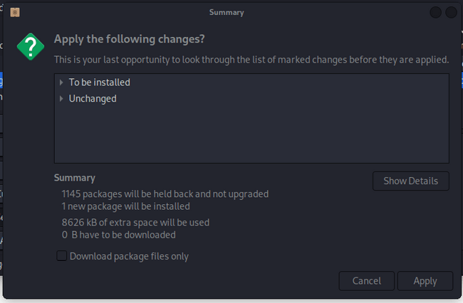 Confirming changes in Synaptic package manager