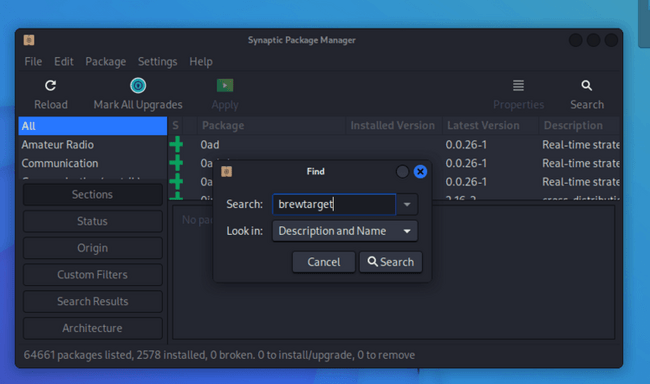 Synaptic Package Manager searching for BrewTarget