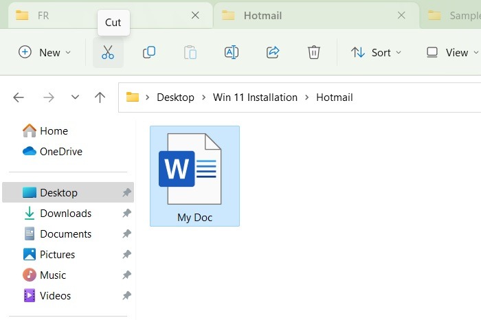 Cutting a file from one File Explorer tab to the next.