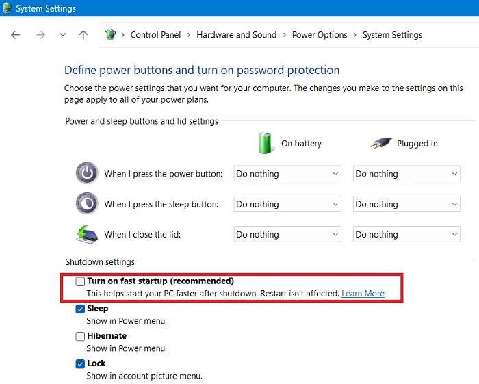 Unexpected Store Control Panel Turn Off Fast Startup