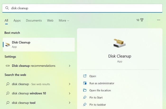 Unexpected Store Disk Cleanup Search Menu 1
