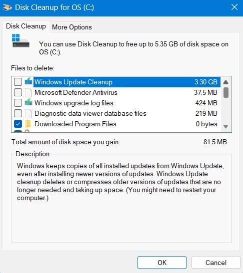 Unexpected Store Disk Cleanup Temporary Files
