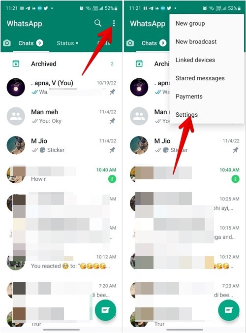 Selecting Settings option in WhatsApp Android app.