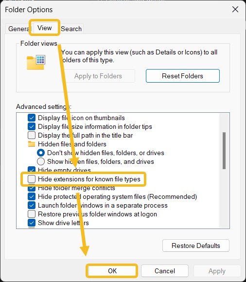 Windows File Explorer Options Hide Extentions