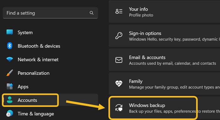 Windows Settings Accoounts Backup