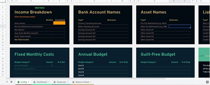 Google Budget Sheet showing income breakdowns.