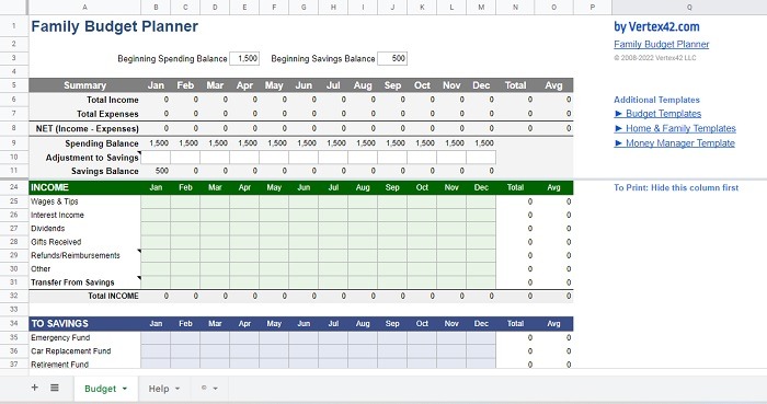 Tracking expenses and income in Family Budget Planner template.