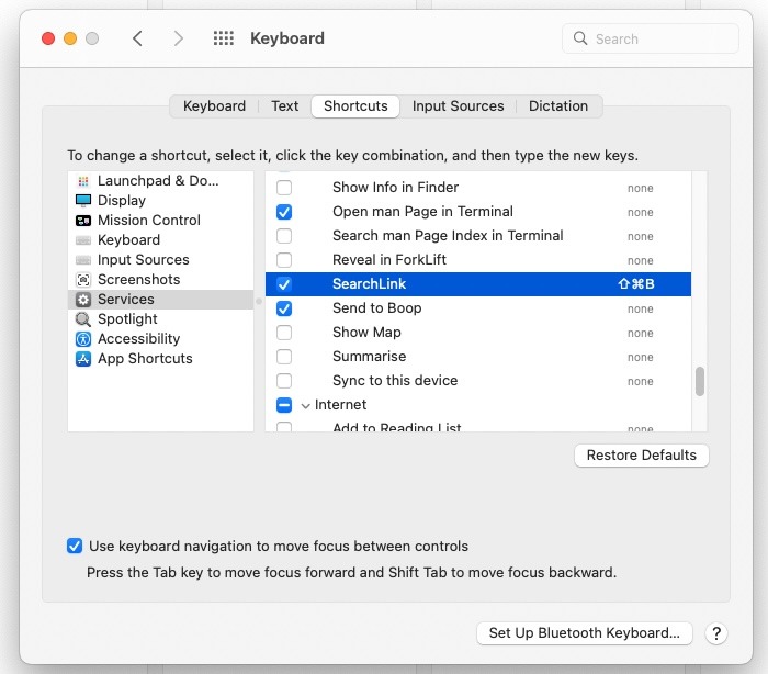Enable Searchlink In System Preferences Shortcuts