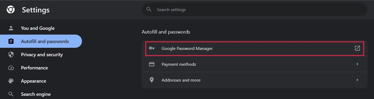 Selecting "Google Password Manager" in Chrome Settings.