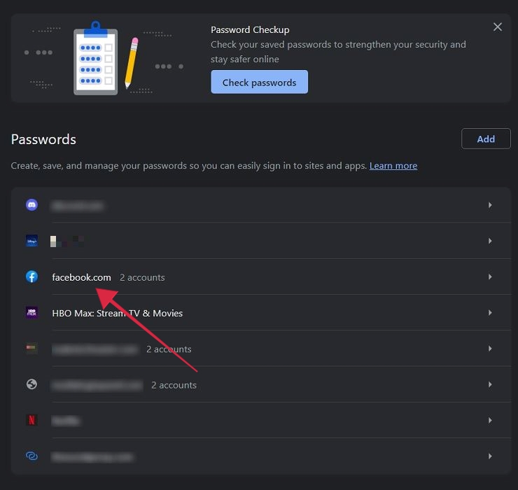 Selecting Facebook to view saved passwords for the platform in Chrome.
