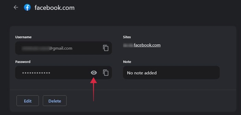 Clicking eye icon to reveal Facebook password saved in Chrome. 