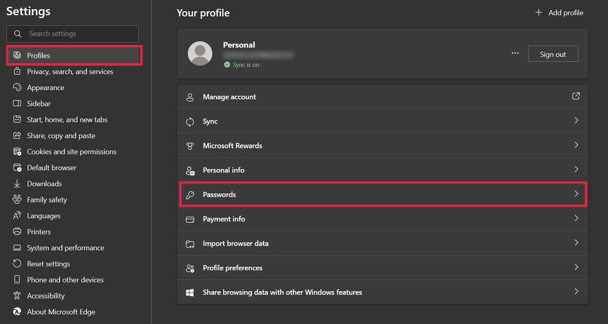 Clicking on "Passwords" menu in Edge browser.
