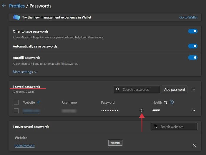 Clicking on eye icon to reveal forgotten password in Microsoft Edge browser.