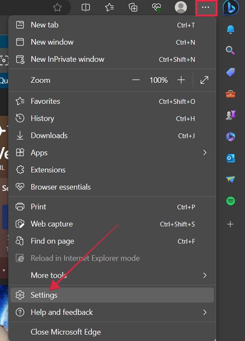 Clicking on Settings from menu in Edge.