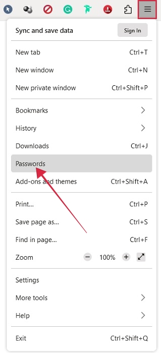 Clicking on Settings from menu in Firefox.