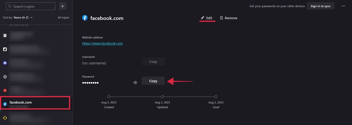 Clicking on "Copy" button to copy saved Facebook password via Firefox.