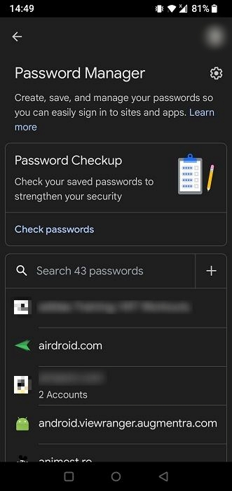 Password Manager view in Chrome for mobile.