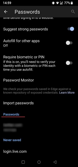 Saved passwords view in Edge for mobile.