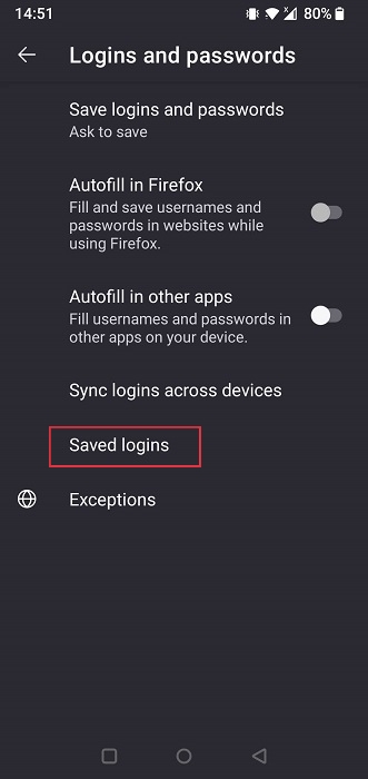 Saved passwords are available under "Saved logins" under Firefox for mobile.