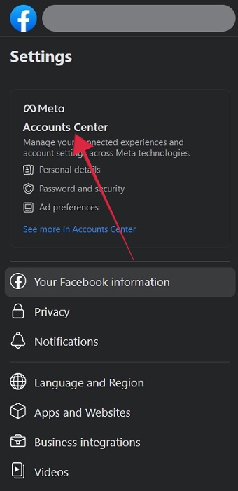 Clicking on "Accounts Center" in Facebook Settings.