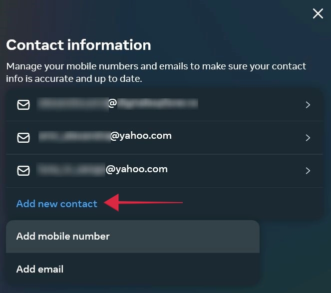 Clicking "Add new contact" in Facebook Accounts Center.