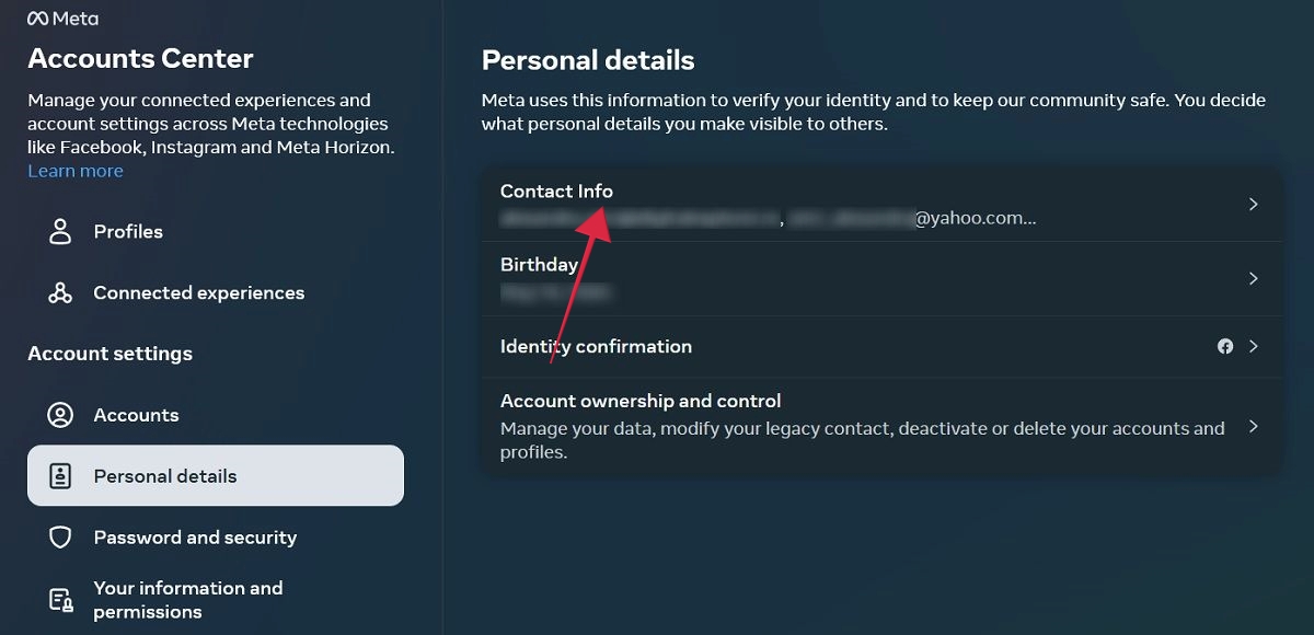 Selecting "Contact info" option in Accounts Center.
