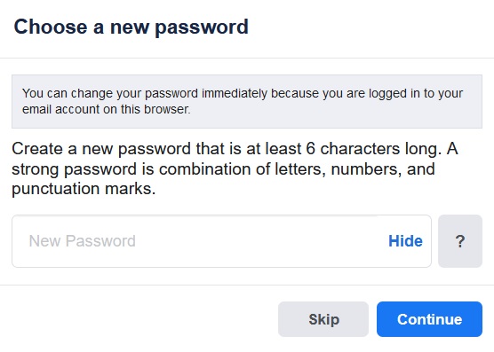 Typing in new password in "Choose a new password" window.