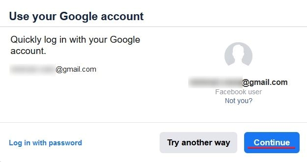 Facebook asking you to quickly log in with your Google account.