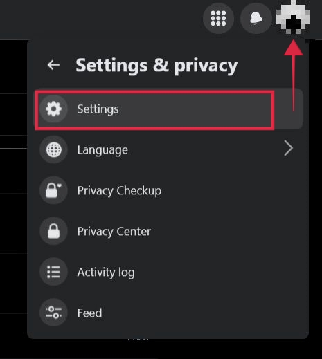 Clicking on Settings in Facebook for PC.