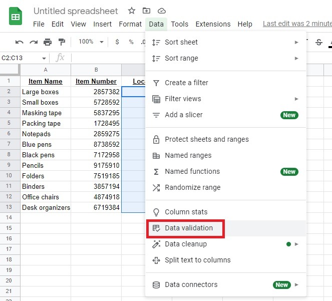 Selecting Data Validation from the Data menu in Google Sheets.