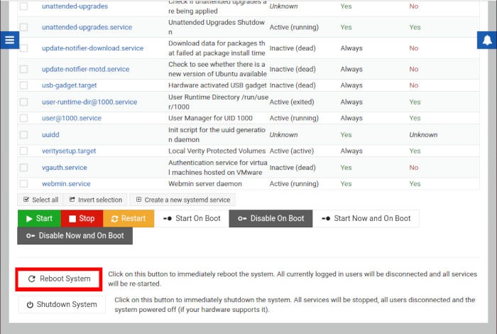 Install Use Webmin Linux 23 Reboot System