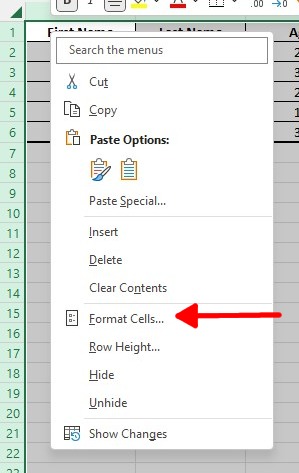 Microsoft Excel Format Right Click