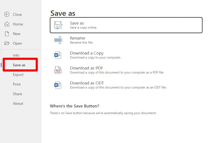 Microsoft Word Save As