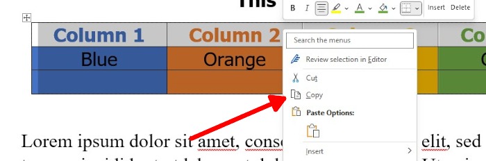 Microsoft Word Table Right Click Menu