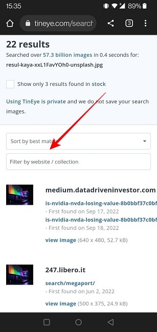 Perform Reverse Image Search Android Tineye Filter