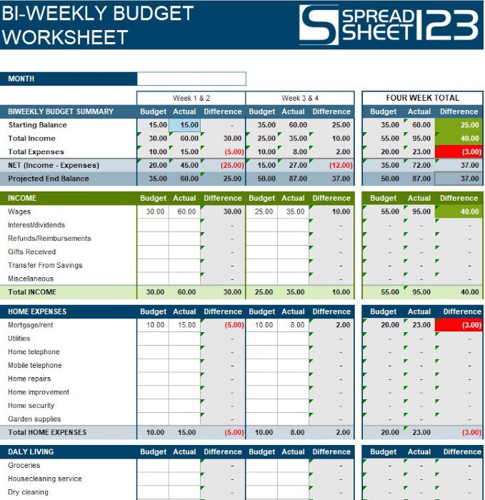 Weekly Budget Worksheet Bi Weekly